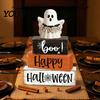 Indoor Fall Home Accents Halloween Ghost Decoration, Wooden Sign Tiered Tray Ornament, Farmhouse Scenery for Shelves Tabletop Centerpiece Coffee