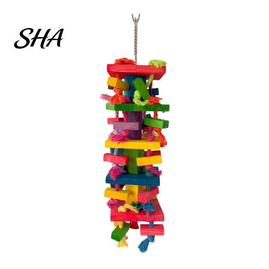 Parrot Chew Toy Chewing for Macaws African Greys, Colorful Wooden Block Puzzle with Food-grade Bird Cotton Tassels, Hanging Interactive Activity Cage,