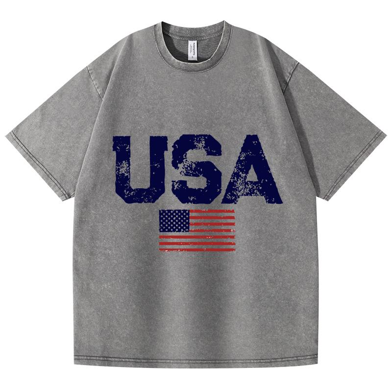 Retro Washed Vintage T-shirt Usa Letters American Flag Stars And Stripes Mens Clothing Loose T-shirt Autumn Pullover T-shirt