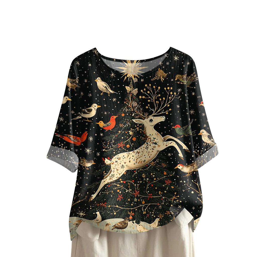 Women's Fashionable And Casual Shirt Half-sleeve Round Neck Print Cotton And Linen Blouse Top