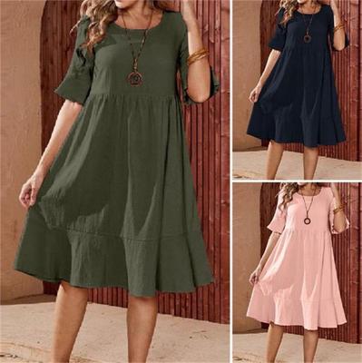 Women's Mid-Length Cotton Linen Dress - Solid Color, Loose Fit, Pleated, Round Neck, Bell Short Sleeves.