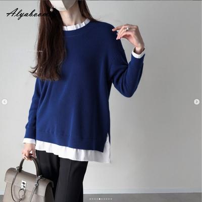 Korean Style Autumn Spring Women Sweater Ruffled Collar Patchwork Navy Blue Brown Knitting Pullover Long Sleeve Casual Loose Knitted Outerwear