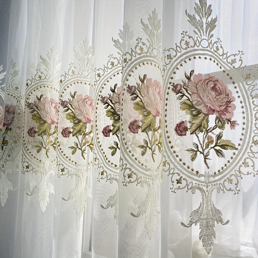 1pc Peony Embroidered Curtain Rod Pocket Curtain For Living Room, Bedroom French Pastoral Flower White Sheer Voile Drapes Home Decor