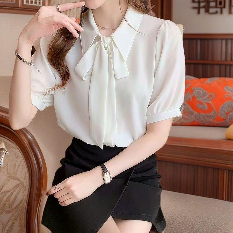 Spring and Autumn White Long Sleeve Chiffon Bow Shirt Women's Professional Formal Inner Top