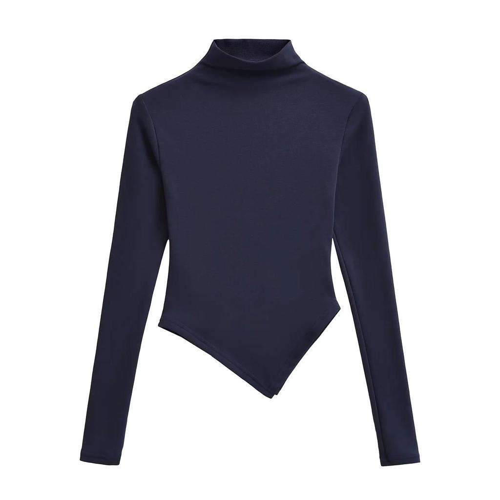 Pure Desire Women's High Neck Irregular Hem Long Sleeve T-shirt - Spring/Autumn Elastic Fit