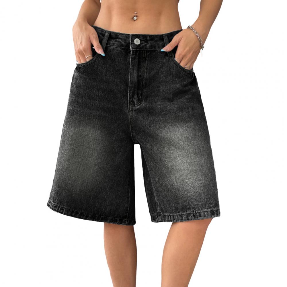 Summer Women's Denim Shorts High Waist Knee Length Loose Pants Wide Leg Loose Denim Shorts with Pockets