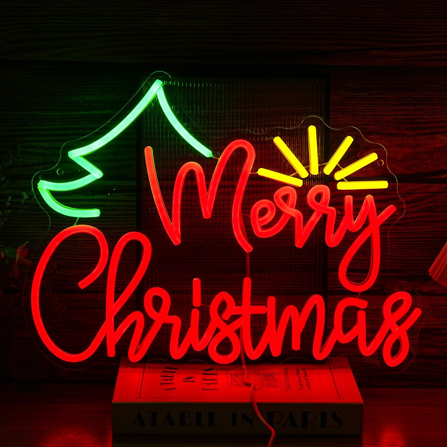 

Merry Christmas Neon Sign, Merry Christmas Neon Tube, Sunshine Light Up Sign, Dimmable Christmas Tree LED Neon Light for Christmas Party, New Year s,
