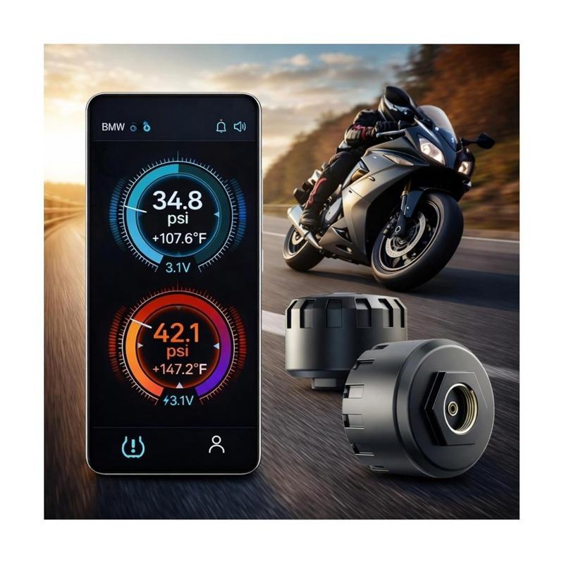 Motorcycle Tire Pressure and Temperature Monitor with Dual External Valve Sensors Waterproof Wireless