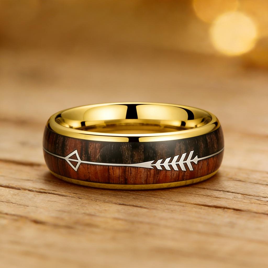 Fashion 8mm Gold Color Stainless Steel Rings for Men Women, Inlaid Arrow Hawaiian Koa Wood Rings, Men Wedding Band Jewelry