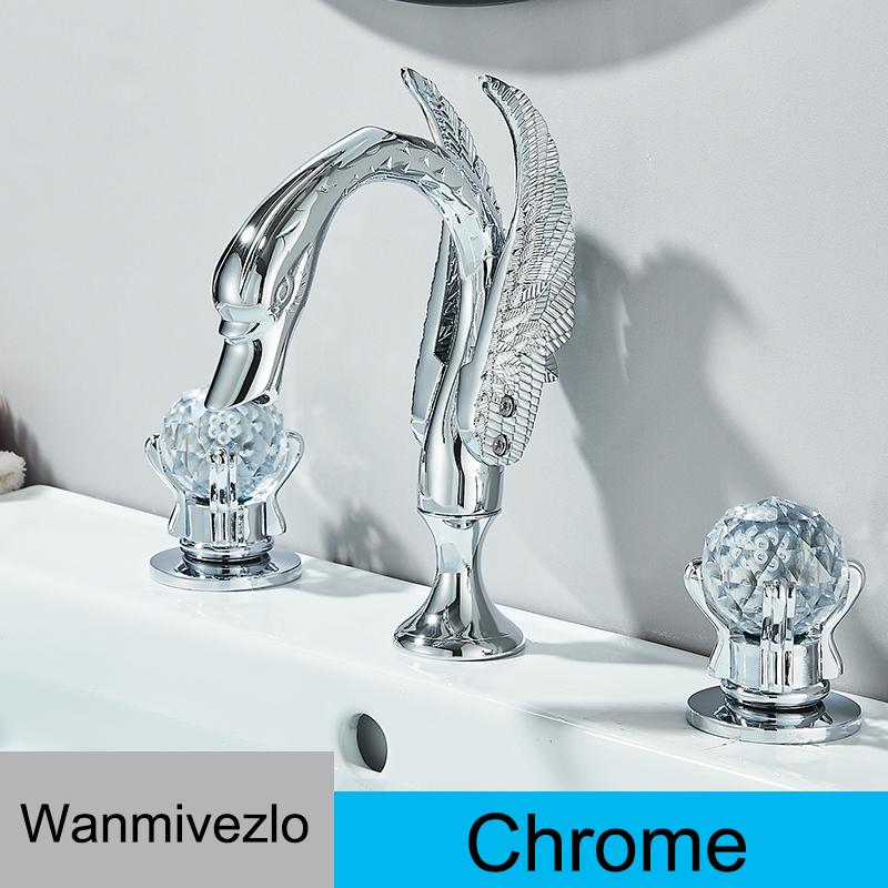 Wanmivezlo Gold Swan Basin Faucet Luxury Deck Mounted Dual Crystal Handle Bathroom Mixer Tap Cold and Hot Water Mixer Faucet