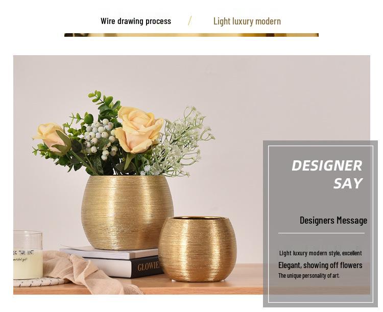 European Style Gold-Plated Ceramic Succulent Pot - Round Brushed Vase for Living Room Decor