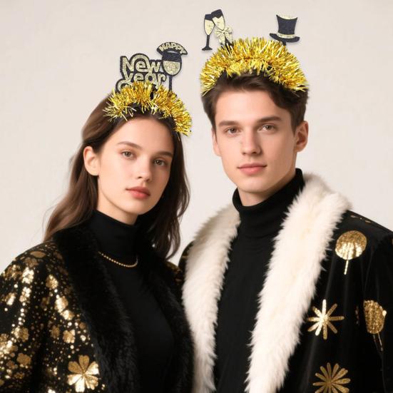 2026 New Year Headband with Number Logo Black Golden Sequin Design Streamer Decorated Hair Hoop Team Unity Prop