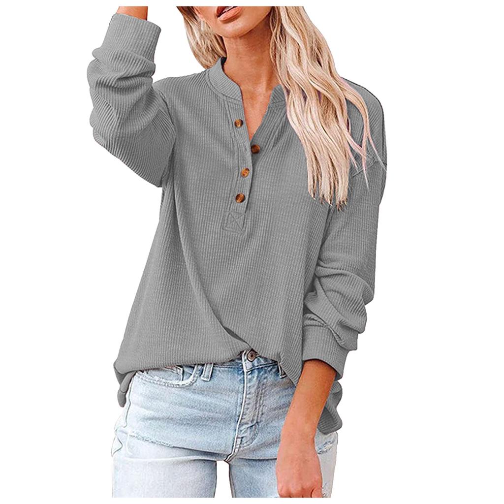 Women's Casual T-Shirt Buttons V-Neck Solid Long-sleeved Knitted Shirt Blouse Tops