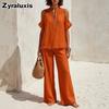 Nuovo Set Due Pezzi alla Moda con Temperamento, Manica Corta, Scollatura Bardot e Pantaloni Lunghi per Donna