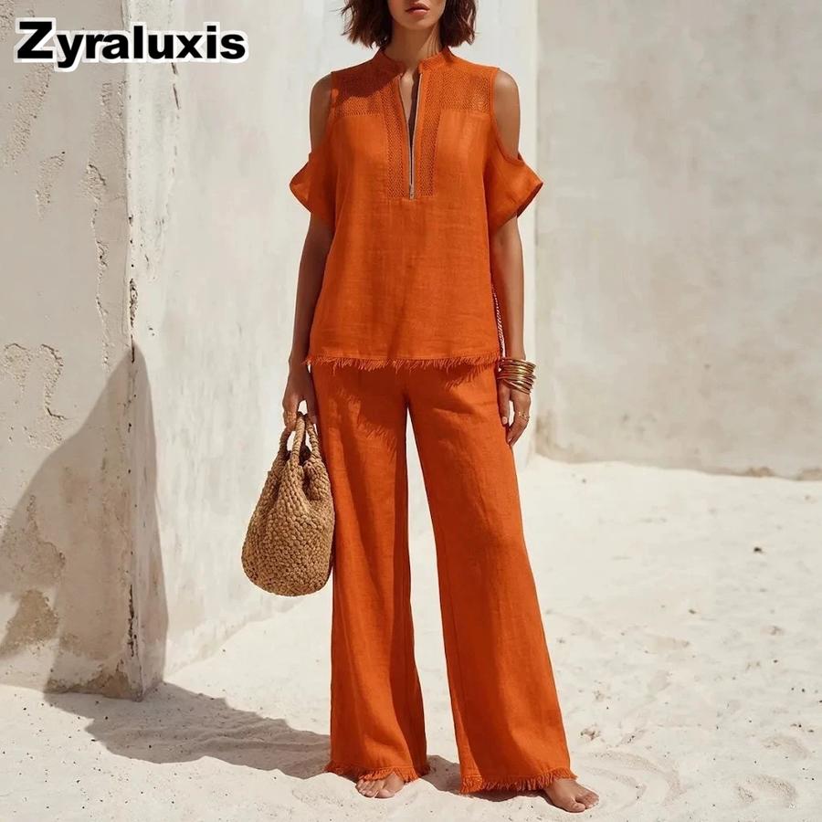 Nuovo Set Due Pezzi alla Moda con Temperamento, Manica Corta, Scollatura Bardot e Pantaloni Lunghi per Donna