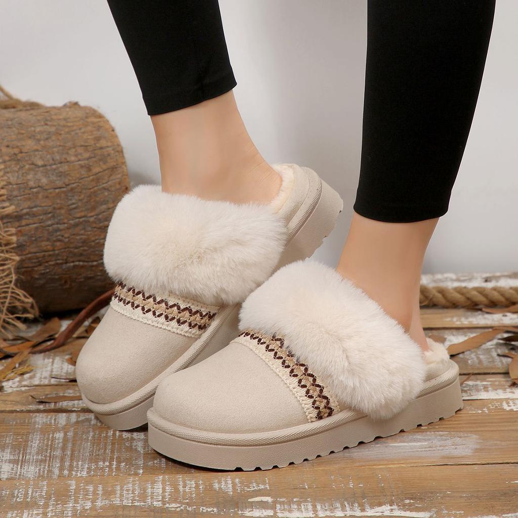 Retro Ethnic Style Women's Casual Fluffy Slippers 2025 Autumn and Winter Thick-bottomed Piled Warm Bag Head Slippers