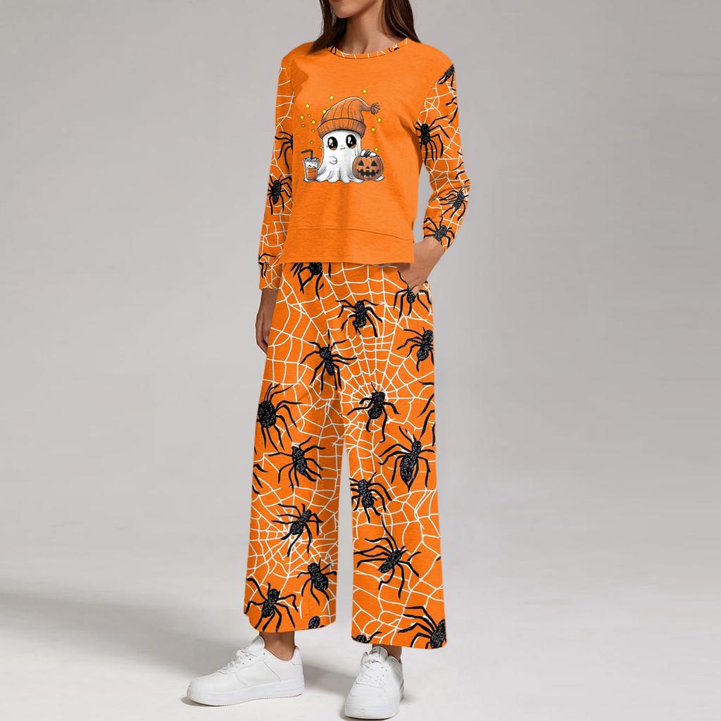 Women's Casual Round Neck Loose Fit Sweatshirt and Pants Set with Halloween Print Hem Slit for Halloween