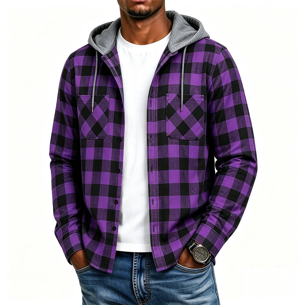 Men's Plaid Flannel Hoodie Fashion Casual Long Sleeve Pullover Sweatshirt with Hood