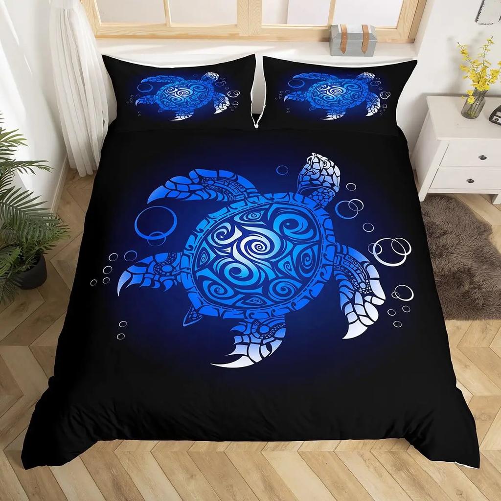 Turtle Bedding Set Nautical Coastal Duvet Cover White Blue Sea Comforter Cover Reptile Tortoise Animal Polyester Quilt Cover