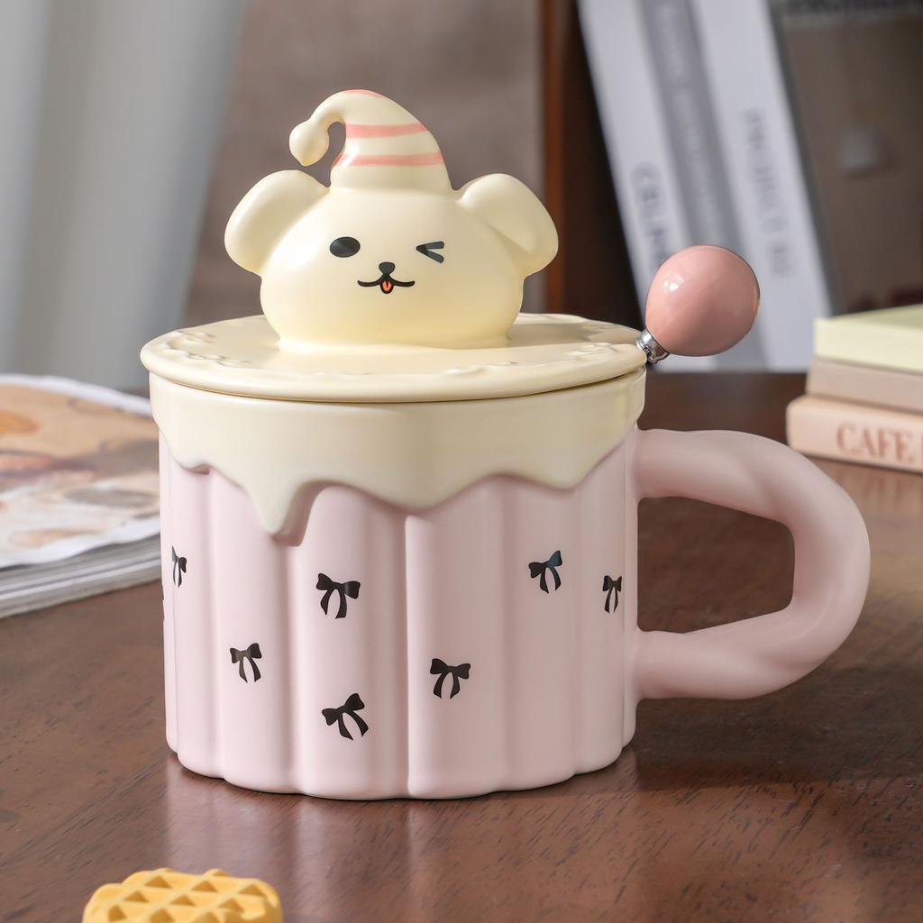 400ML European Ceramic Cake Coffee Mug with Lid and Spoon Cute Dog Design Delicate Afternoon Tea Latte Cup Home Breakfast Mug