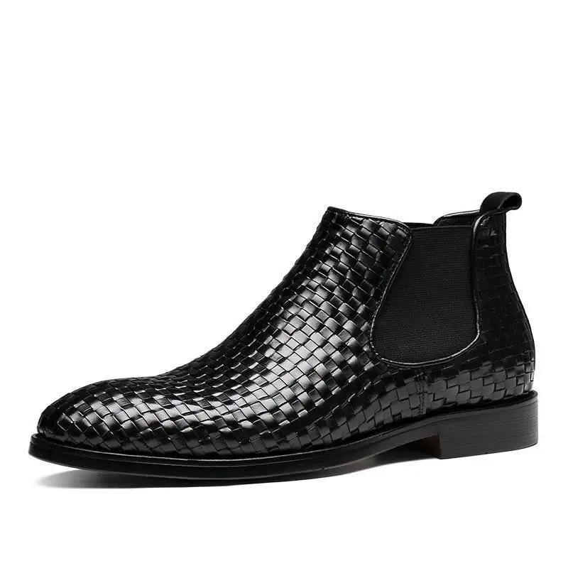 Men s New Style Handmade Embossed British Korean Trendy High Top Leather Chelsea Boots Business Fashion Short Boots 38