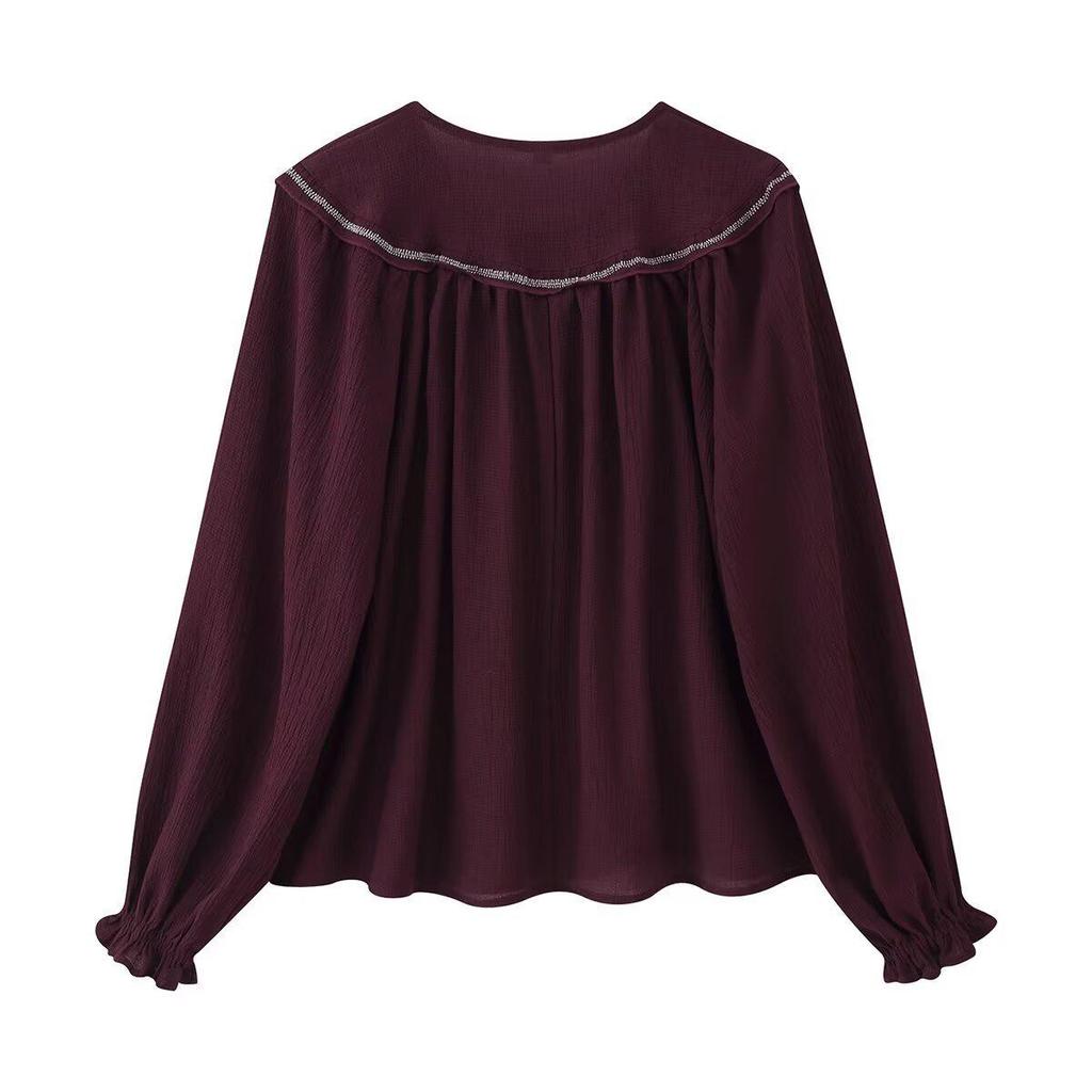 European Style Beaded Embroidery Long Sleeve Round Neck Shirt 577023