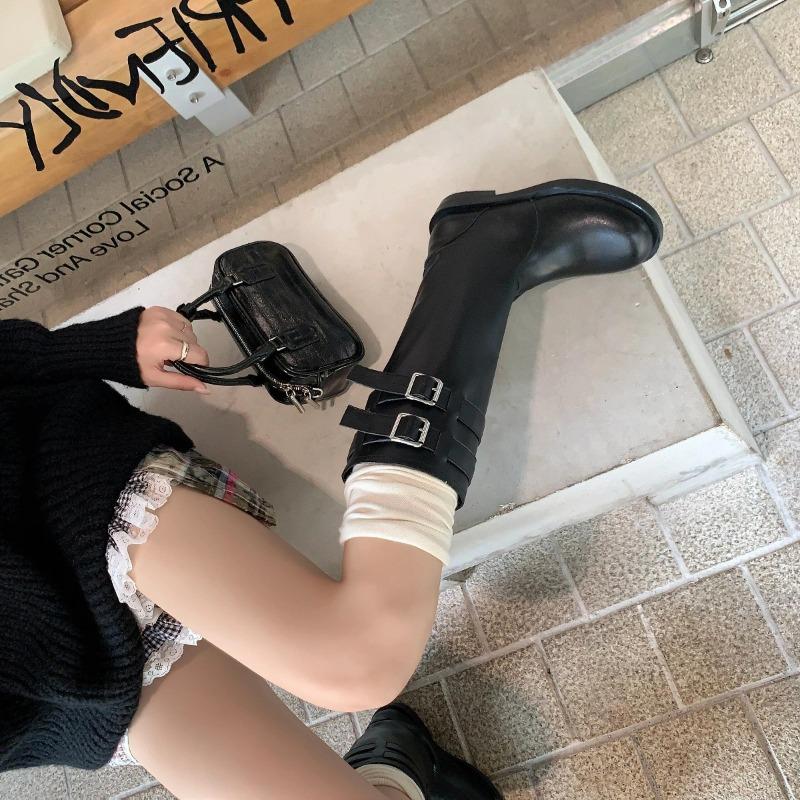 

Cowhide Black Handsome Belt Buckle Low Heel High Tube Skinny Locomotive Boots Leather Boots Round Head Knight Boots Women s Boots 35