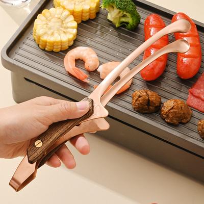 Pinza para carne con mango de madera maciza de acero inoxidable, multifuncional, con mango extendido, pinza para barbacoa, pinza para comida pública, utensilios de cocina