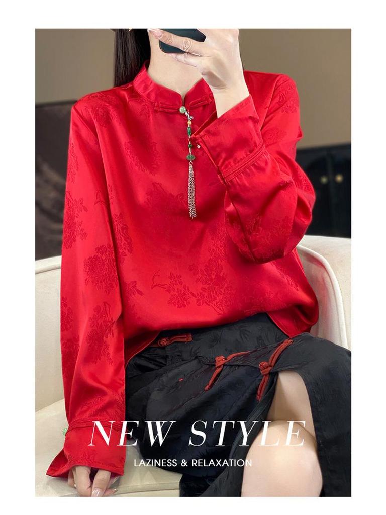 Silk Satin 2026 Spring/Summer Women's Floral Stand Collar Long Sleeve Top