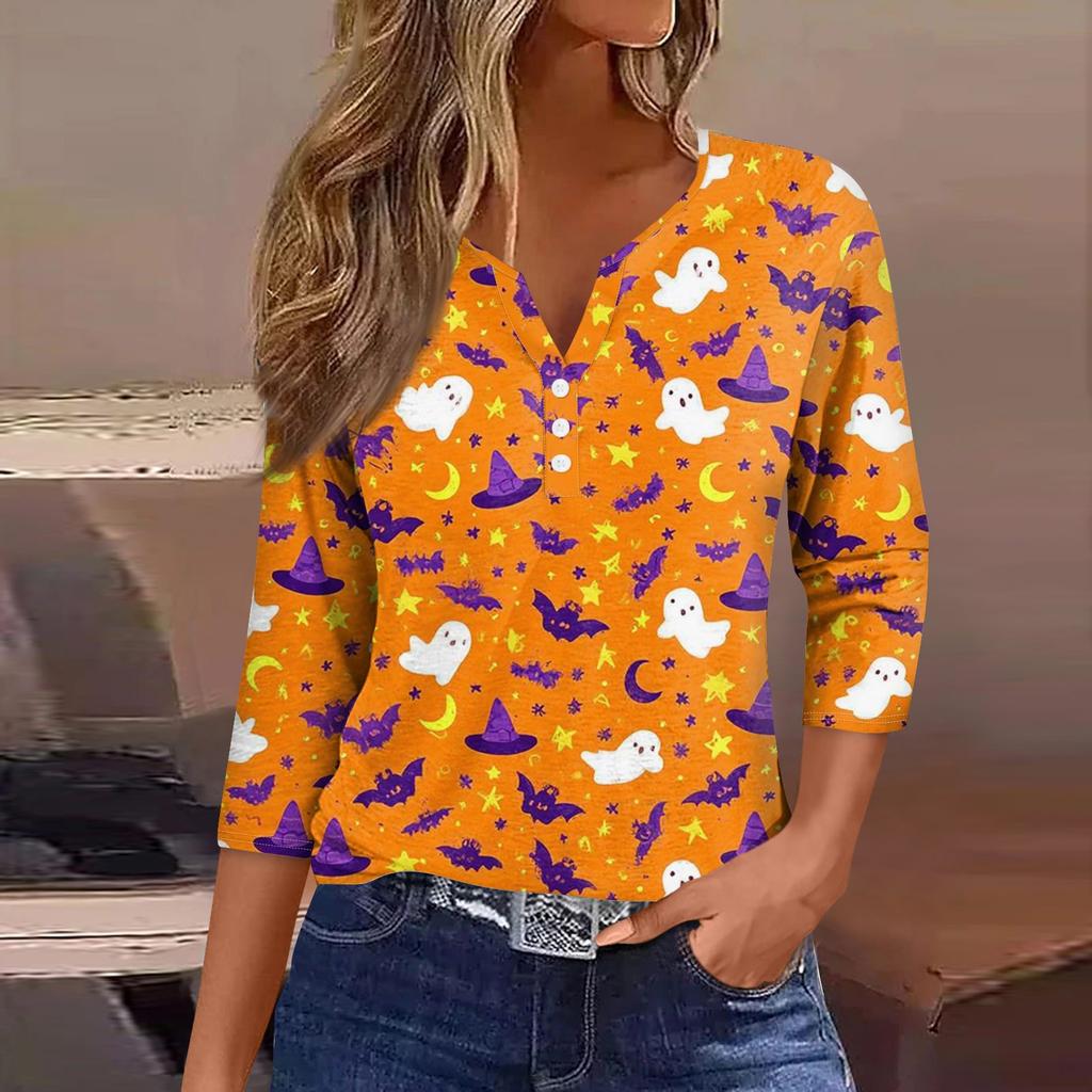 Top T-shirt da donna con scollo a V, bottoni, maniche a tre quarti, per Halloween