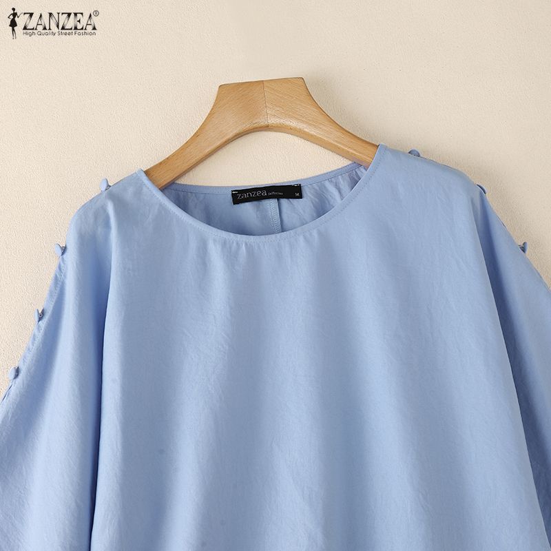 ZANZEA Blusa feminina casual com decote redondo e cor sólida, manga 3/4 solta