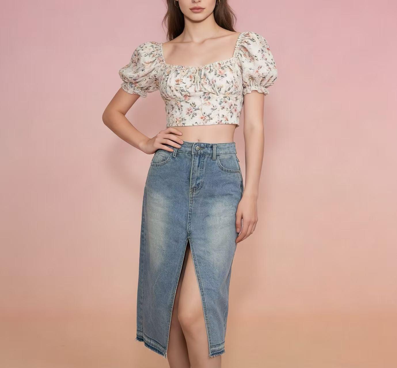 Джинсовая юбка-карандаш А-силуэта с высоким разрезом для женщин S светло-синий