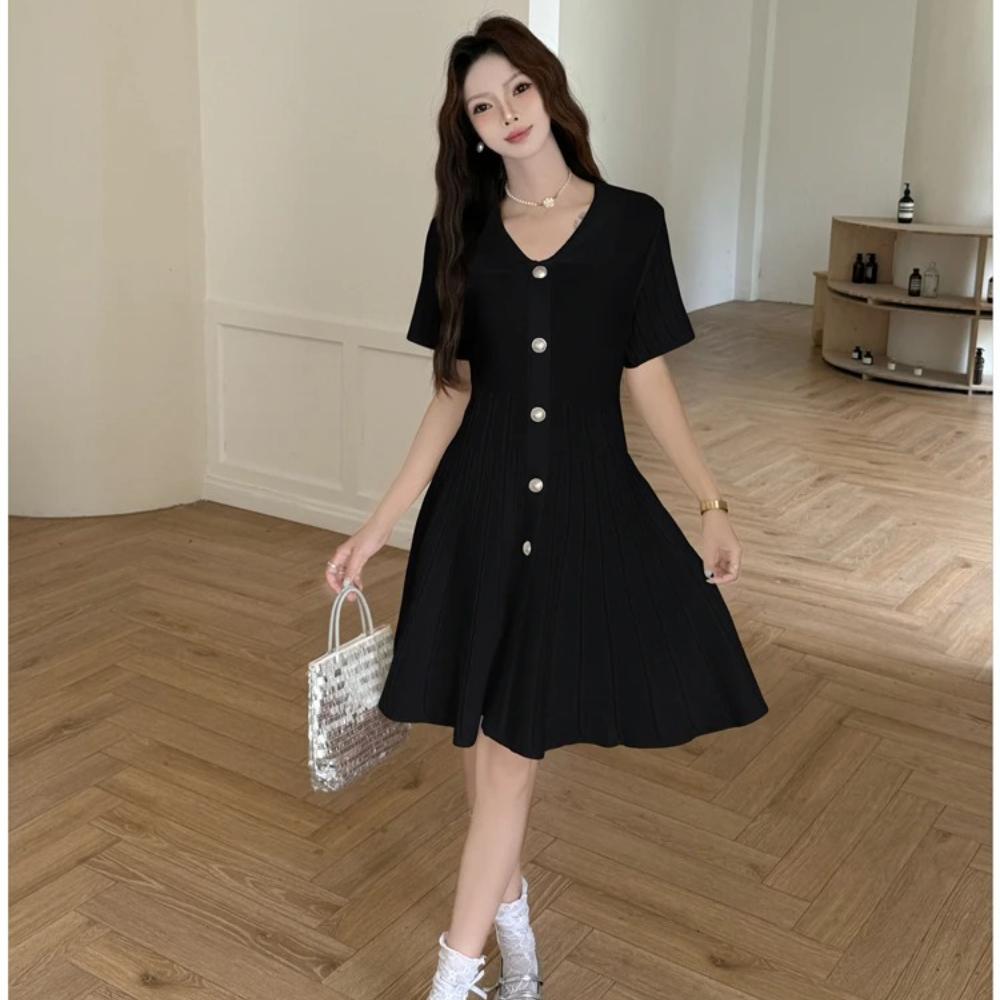 Summer Single Breasted Knitted Sweater Dress Bottoming Women Short Sleeve Casual High Waist Elastic Party Dresses