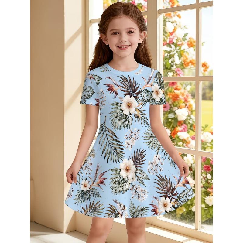 Girl Clothes Elegant Floral Print Summer Dresses Short Sleeve Dress Round Neck 110