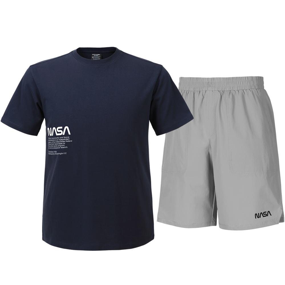Nasa Unisex Cotton Blend Training T-Shirt + Woven Knee-Length Shorts Set [Navy + Light Gray] 95