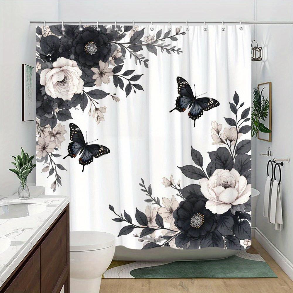 1 Polyester Douchegordijn, Elegant Bloemendessin, Zwart-Witte Rozen, Victoriaans Ontwerp, Met Haken, Wasbaar in de Machine