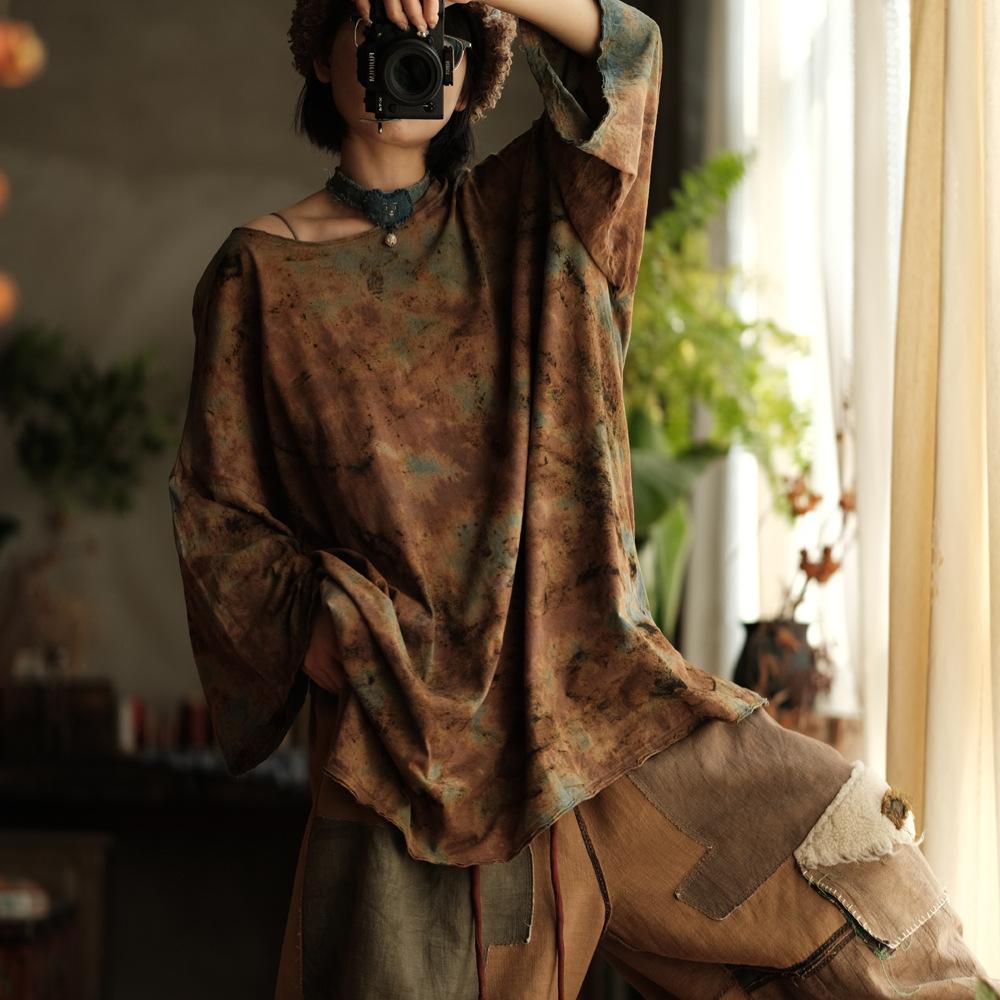 

Johnature Женские футболки с весенним принтом и цветочным принтом, повседневные свободные трикотажные футболки с длинным рукавом и круглым вырезом One Size кофейный