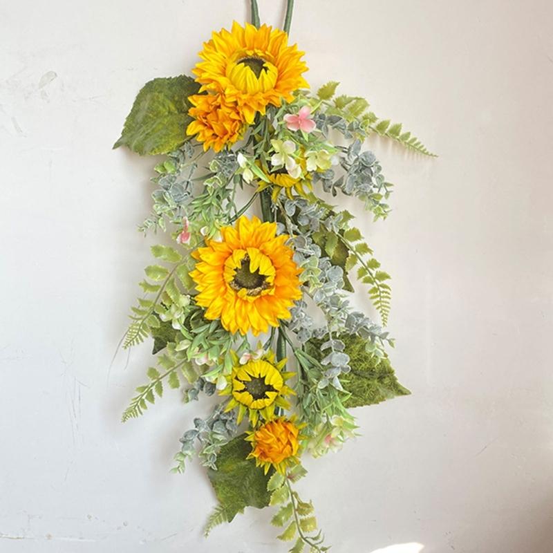 Yellow Sunflowers Wreath Realistic Artificial Sunflowers Wreath Spring Summer Wreath with Leaves for Front Door Decor