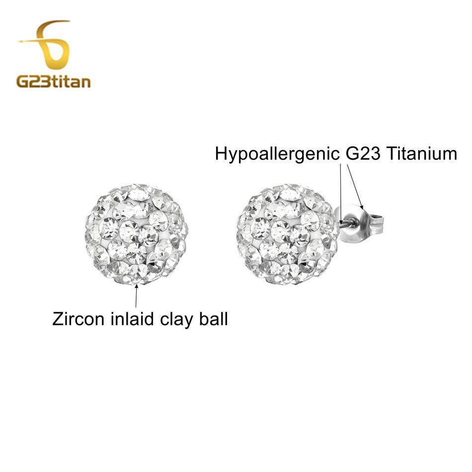 Colors Crystal Bead Polymer Clay Earrings G23 Titanium Ear Stud Micro Pave Rhinestone Disco Ball Hypoallergenic Piercing Zircon