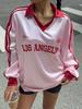 T-shirt Grafica da Donna con Scollo a V, Manica Lunga, Vestibilità Larga, Stampa Numero Lettera, Tunica Larga, Streetwear, Vintage Americano, Camicia Casual