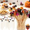 100PCS Halloween Party Toothpicks Disposable Bamboo Skewers Pumpkin Ghost Fruit Fork DIY Cake Dessert Cocktail Stick Decorations