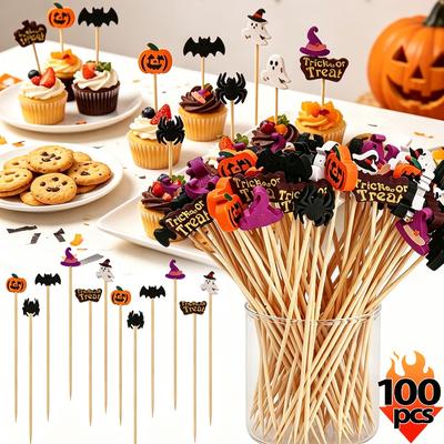 100PCS Halloween Party Toothpicks Disposable Bamboo Skewers Pumpkin Ghost Fruit Fork DIY Cake Dessert Cocktail Stick Decorations