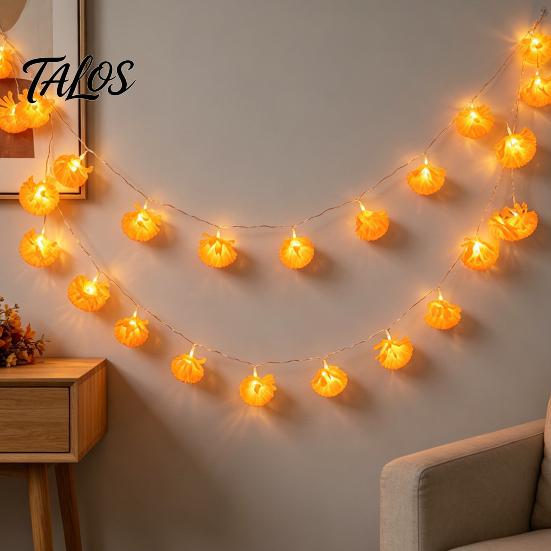 Flashing Orange Flower Lights Artificial Marigold String Lights, 20/40 LED Cempasuchil Garland Autumn Thanksgiving Party Decorations for Dia