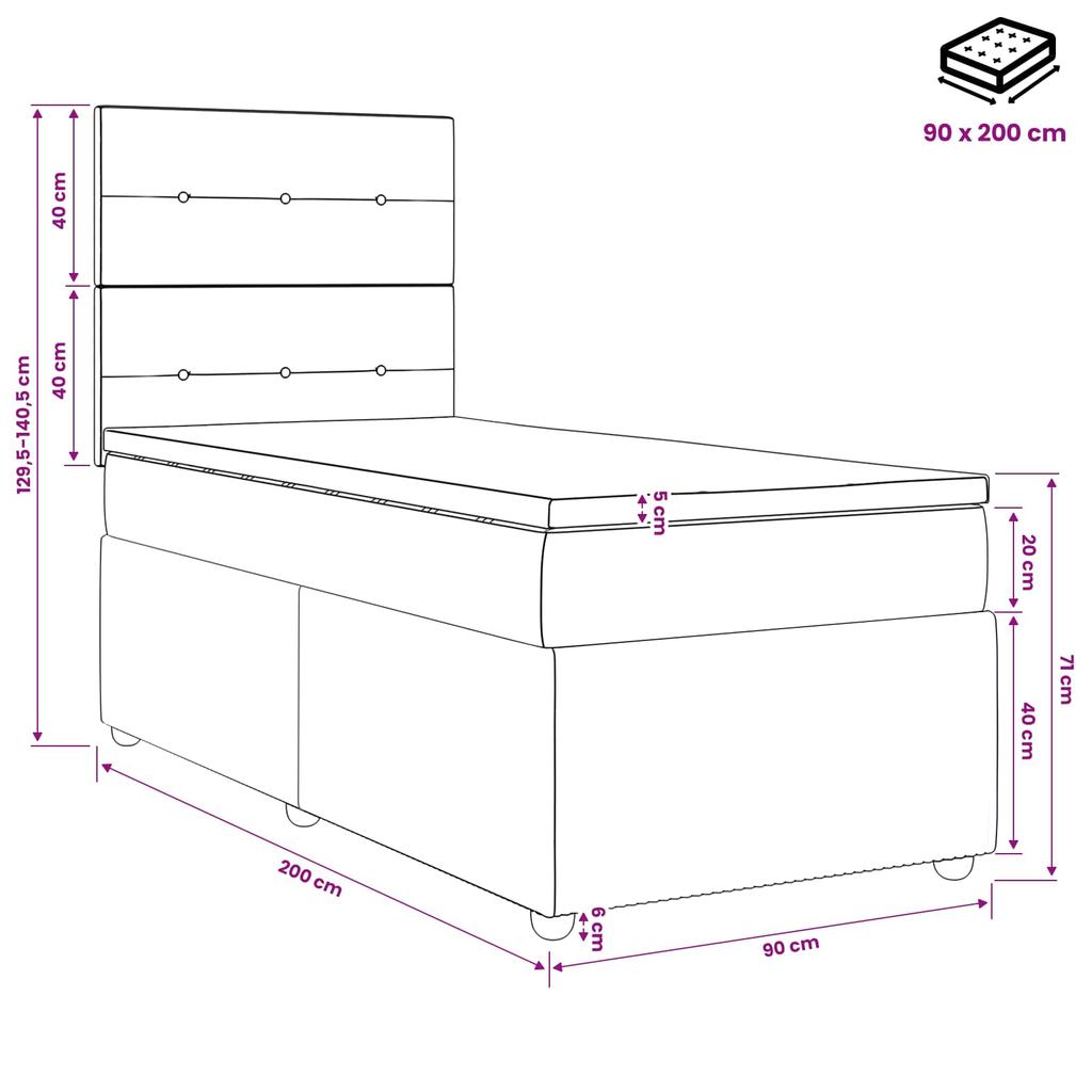 LED Box Spring Bed with Mattress Light Gray 90 X 200 Cm Velvet