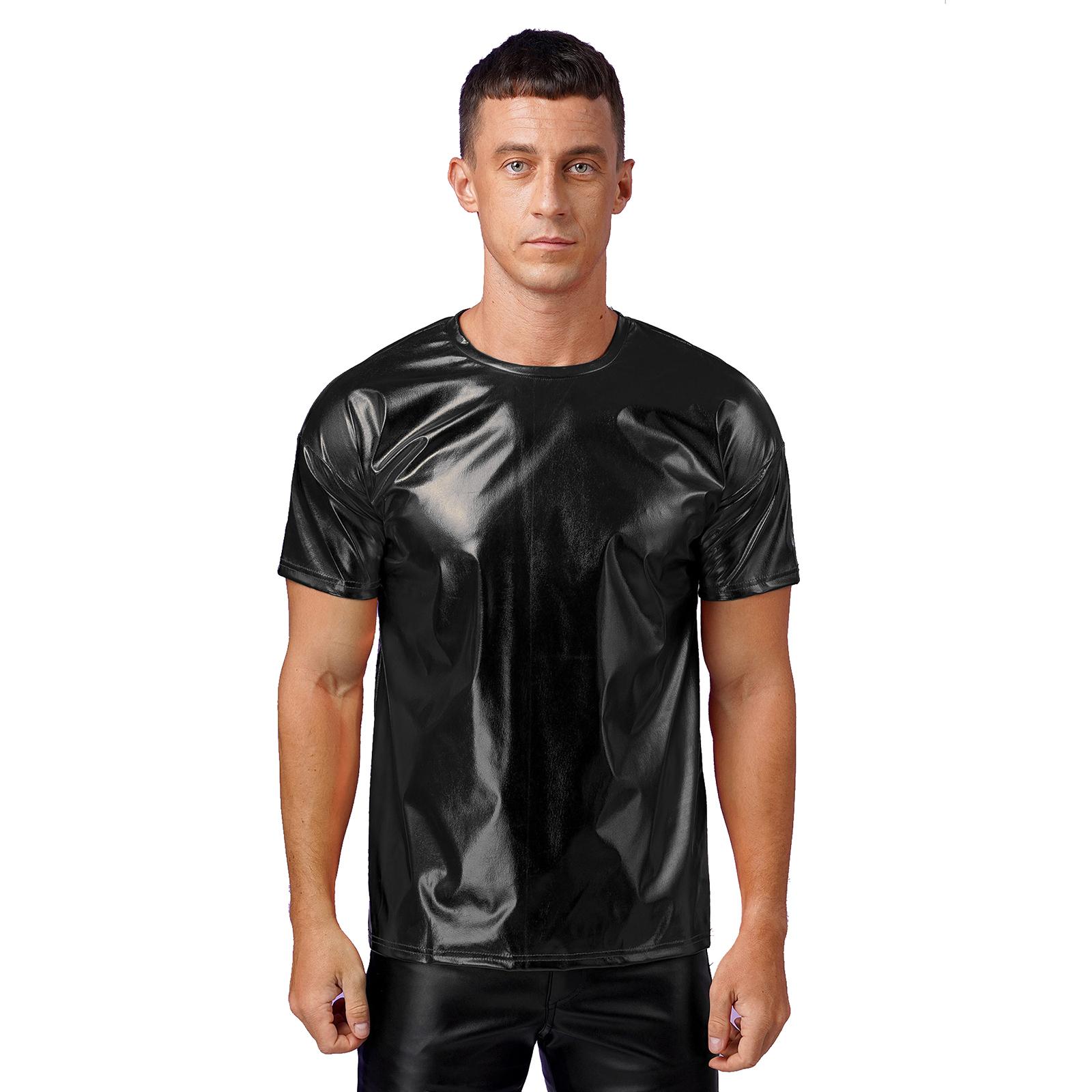 

Мужской блестящий топ с металлическим отливом, круглым вырезом и короткими рукавами для клубных шоу или танцевальных вечеринок S чёрный