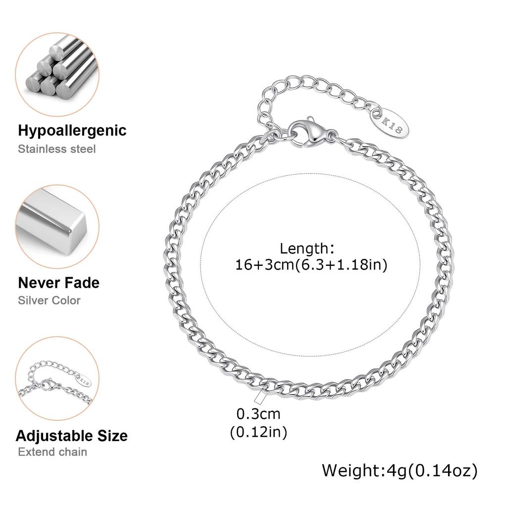 3MM Stainless Steel Cuban Chain Bracelet for Women Minimalist Link Chain Bracelets Punk Wrist Jewelry Gift