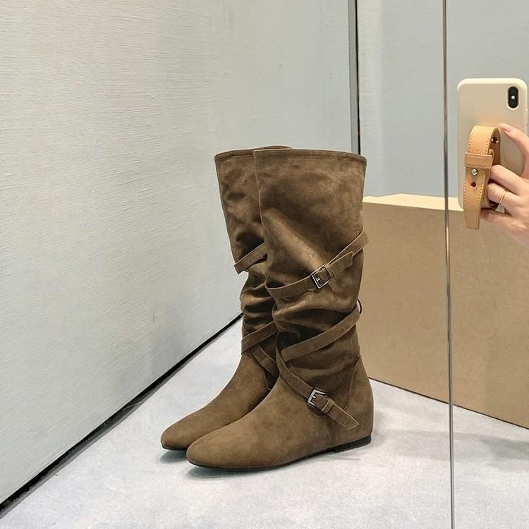 Norway pile boots~ 5cm inner height increase cross buckle medium height cowboy boots women's western boots retro knight boots