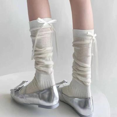 1Pair Kawaii Lolita Long Socks For Women Girls Sweet Ribbon Bow Socks Ballet Style Solid Color Socks Simple Cute Calf Socks