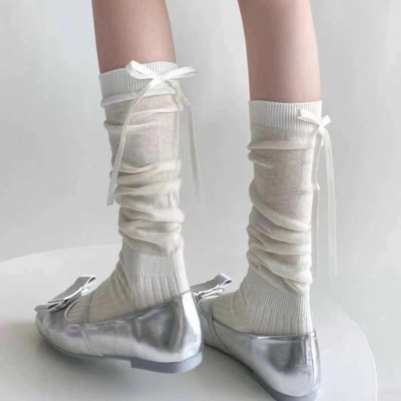 1Pair Kawaii Lolita Long Socks For Women Girls Sweet Ribbon Bow Socks Ballet Style Solid Color Socks Simple Cute Calf Socks