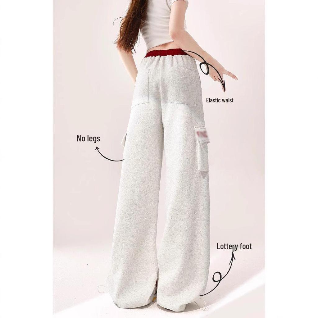Women's Wide-Leg Cargo Jazz Sweatpants with Pockets - White & Gray, Autumn 2025
